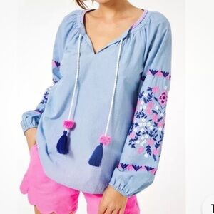 Lilly Pulitzer Chambray Embroidered Top Tassel Small